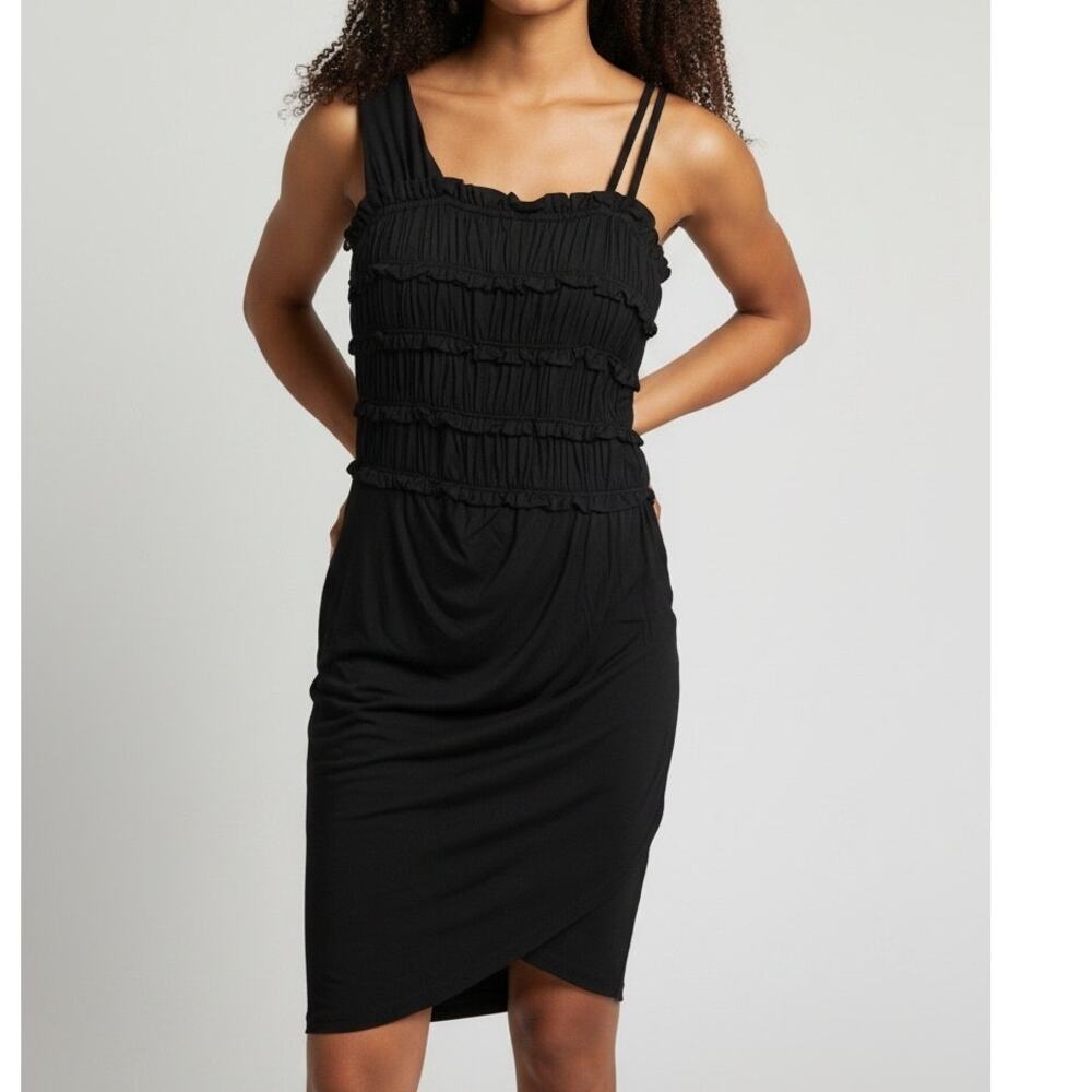 Anthropologie Leifnotes French Frappe Ruffle Faux Wrap Mini Dress Lined S Black